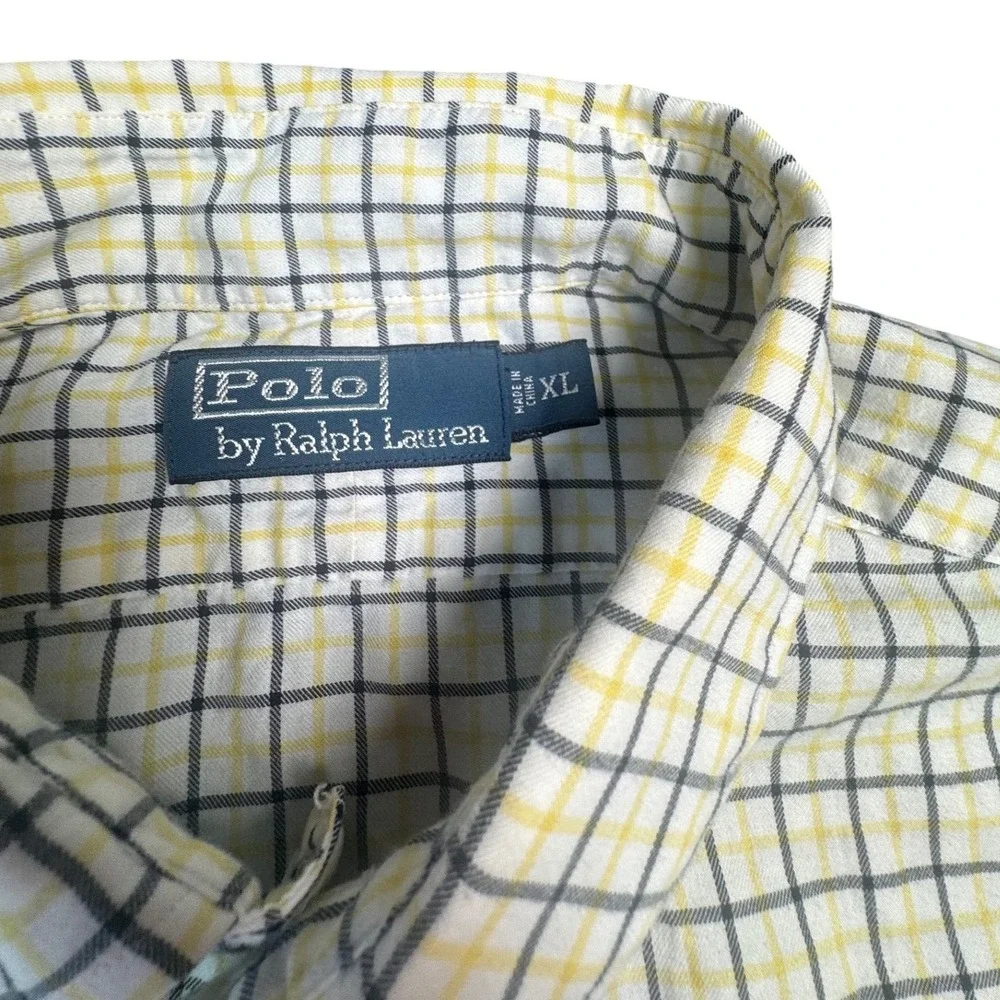 Polo Ralph Lauren Mens XL Button Down Shirt Yellow Navy Blue Grid Check Long Slv